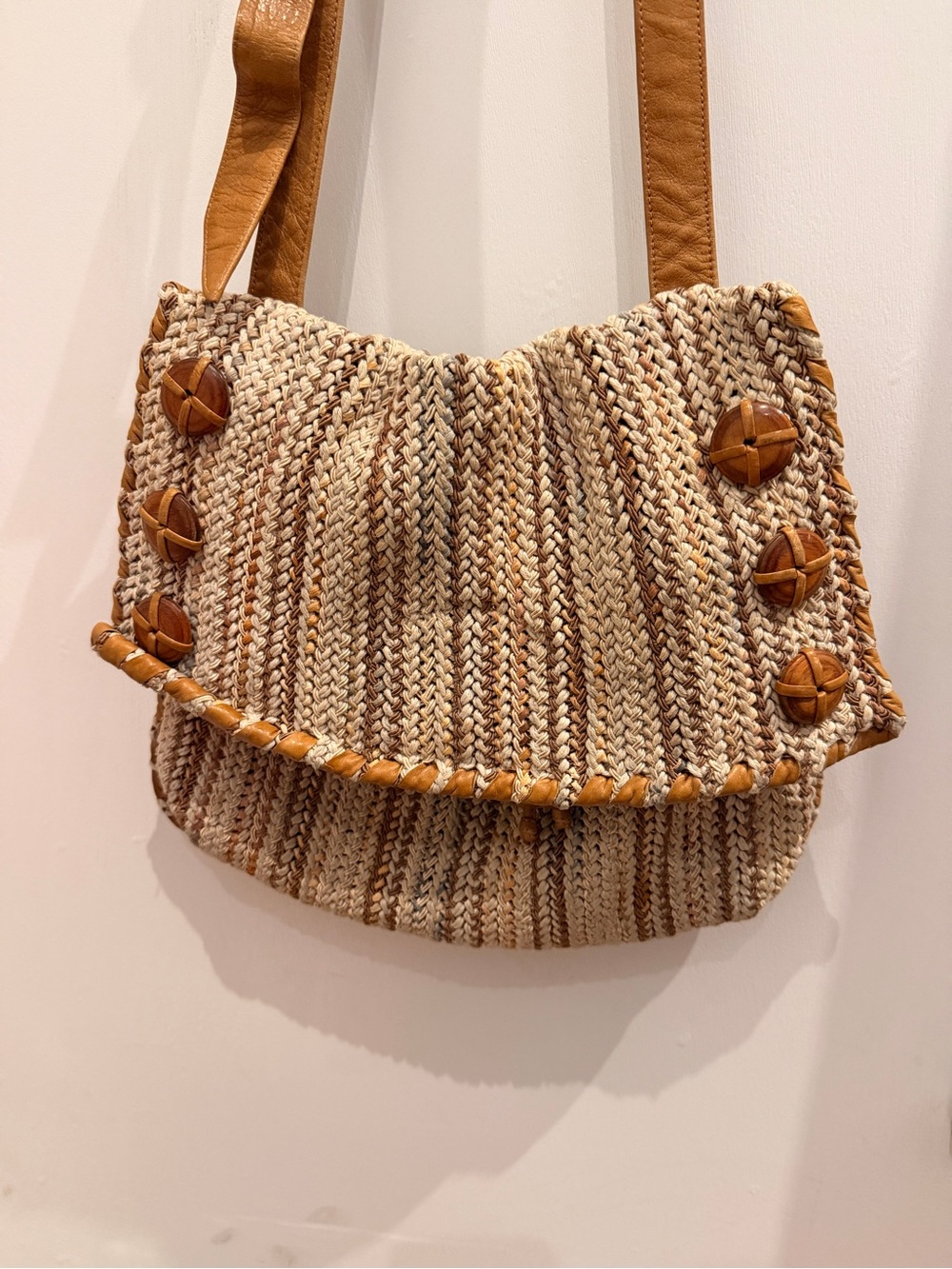 Sharif Vintage Woven Straw & Leather Bucket Bag Camel Boho - Picture 2 of 8